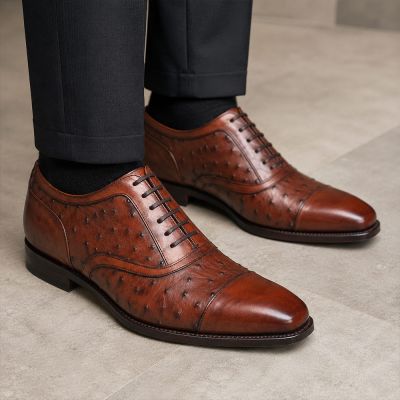 CMR CHAMARIPA Zapatos con Alzas para Hombre | Zapatos Oxford de Cuero de Avestruz Marrón 7 CM