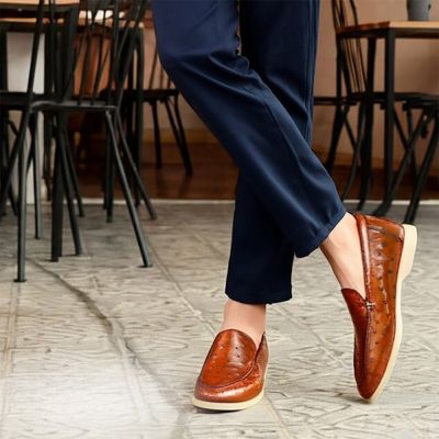 CMR CHAMARIPA Zapatos para Hombres Altos | Mocasines Slip-On de Cuero de Avestruz Marrón 5 CM