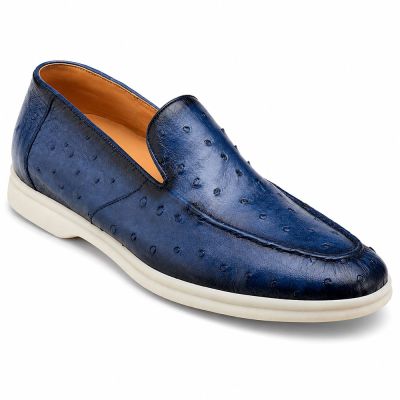 CMR CHAMARIPA Zapatos con Alzas para Hombre | Mocasines Slip-On de Cuero de Avestruz Azul 5 CM