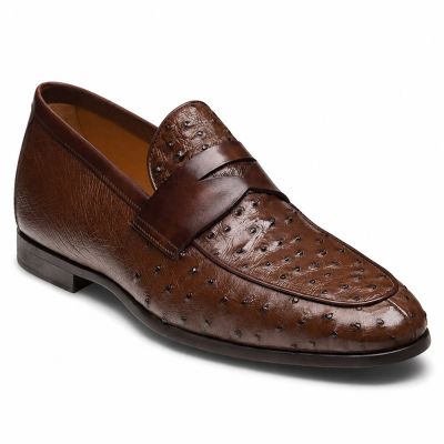 CMR CHAMARIPA Los Mejores Zapatos con Alzas para Hombre | Mocasines Penny de Cuero de Avestruz Marrón Oscuro 5 CM