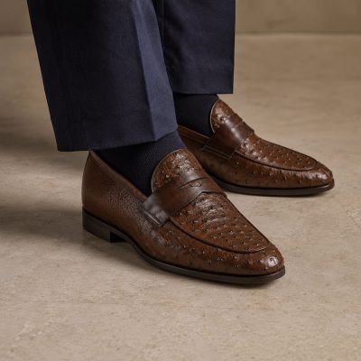 CMR CHAMARIPA Los Mejores Zapatos con Alzas para Hombre | Mocasines Penny de Cuero de Avestruz Marrón Oscuro 5 CM