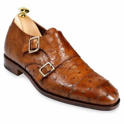 CMR CHAMARIPA Zapatos con Alzas para Hombre | Zapatos Monk Strap de Cuero de Avestruz Marrón 7 CM