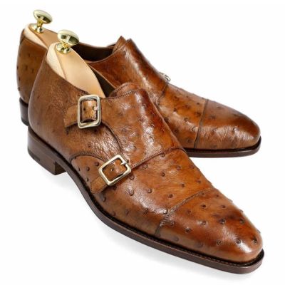 CMR CHAMARIPA Zapatos con Alzas para Hombre | Zapatos Monk Strap de Cuero de Avestruz Marrón 7 CM