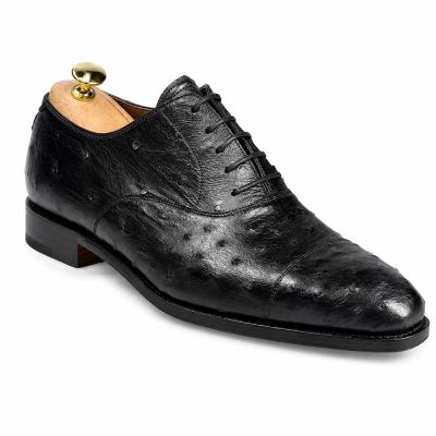 CMR CHAMARIPA Zapatos de Vestir de Tacón Oculto para Hombre | Zapatos Oxford de Cuero de Avestruz Negro 7 CM