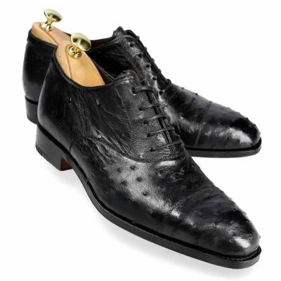 CMR CHAMARIPA Zapatos de Vestir de Tacón Oculto para Hombre | Zapatos Oxford de Cuero de Avestruz Negro 7 CM