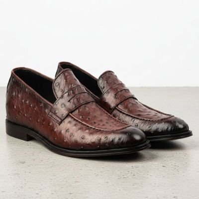 CMR CHAMARIPA Zapatos con Alzas para Hombre | Mocasines Penny de Cuero de Avestruz Marrón 5 CM