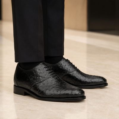 CMR CHAMARIPA Zapatos de Hombre con Altura | Zapatos Oxford de Cuero de Avestruz Negro 7 CM