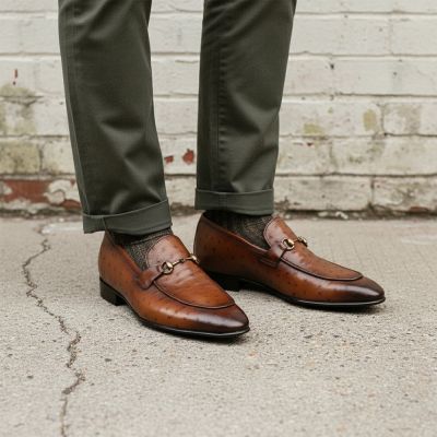 CMR CHAMARIPA Zapatos con Alzas para Hombre | Mocasines de Cuero de Avestruz Marrón 5 CM