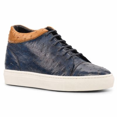 CMR CHAMARIPA Zapatos con Altura para Hombre | Zapatos Informales de Caña Alta de Cuero de Avestruz Azul Marino 7 CM