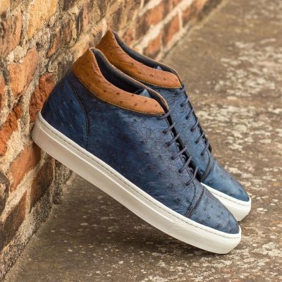 CMR CHAMARIPA Zapatos con Altura para Hombre | Zapatos Informales de Caña Alta de Cuero de Avestruz Azul Marino 7 CM