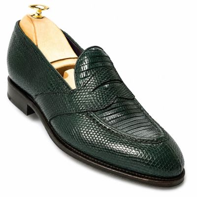 CMR CHAMARIPA Zapatos para aumentar la altura hombre | Mocasines Penny verdes de piel de lagarto 5 CM