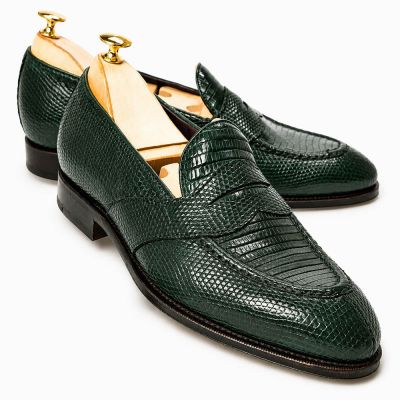 CMR CHAMARIPA Zapatos para aumentar la altura hombre | Mocasines Penny verdes de piel de lagarto 5 CM