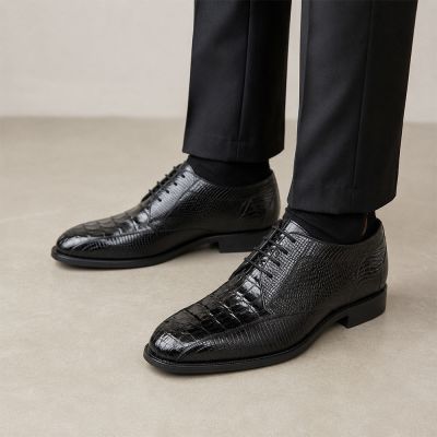 CMR CHAMARIPA Zapatos con alzas para hombre | Zapatos negros de cuero de lagarto y cocodrilo 7 CM