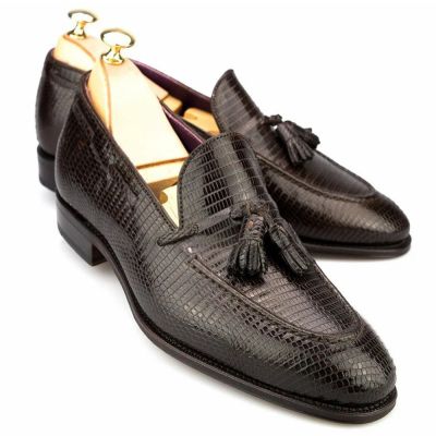 CMR CHAMARIPA Zapatos elevadores para hombre | Mocasines marrones con borlas de piel de lagarto 5 CM