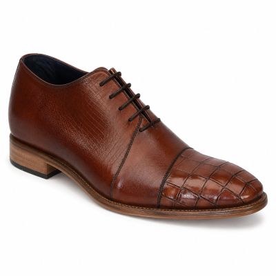 CMR CHAMARIPA Zapatos de vestir con alza para hombre | Zapatos Oxford coñac de piel de lagarto 7 CM