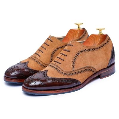 zapatos alzas hombre - zapatos para parecer mas alto - gamuza marrón por encargo wingtip brogue oxfords 7 CM
