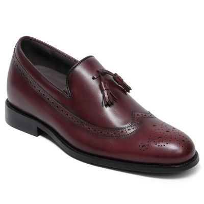 Mocasines con borlas de brocas longwing vino tinto - Zapatos hombre para subir de estatura de negocios piel de becerro pulida - 7CM Más Alto