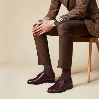 Mocasines con borlas de brocas longwing vino tinto - Zapatos hombre para subir de estatura de negocios piel de becerro pulida - 7CM Más Alto