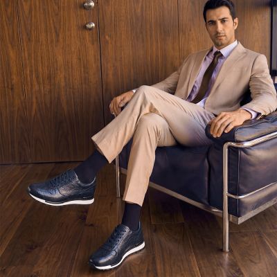 CMR CHAMARIPA Zapatos con alzas para hombre | Sneakers de vestir híbridas de cuero con grabado de cocodrilo azul 8 cm