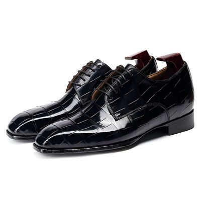 Zapatos para hombre CMR CHAMARIPA que aumentan la estatura 6 cm / 2,36 pulgadas - Zapatos Derby de cuero de cocodrilo americano negro con suela cosida Goodyear.