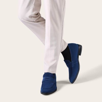Zapatos Altos Hombre - Zapatos Plataforma Hombre - Mocasines Penny Piel Ante Azul 7cm