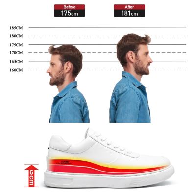 Calzado con alzas hombre – Zapatillas blancas de cuero casuales 6cm
