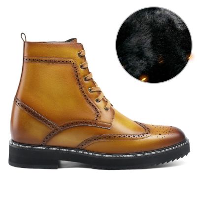 botas hombre tacon alto - zapatos con alzas de 10 cm - Botas con alzas forradas de piel cálida Brogue marrón 10 CM