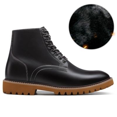 zapatos con alzas hombre - Zapatos con alzas de cuero café de invierno para hombre con forro de piel 7 CM