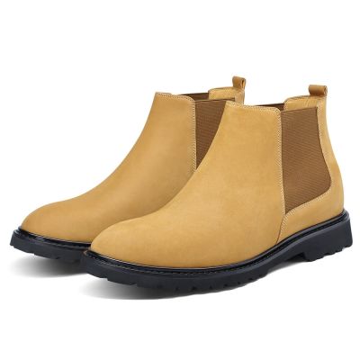 Botas Con Alzas Hombre - Zapatos Con Alzas Ofertas - Botas Chelsea De Nobuk Amarillas 7CM
