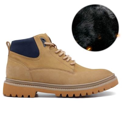 zapatos con alza - Botas de invierno con forro de piel para hombre de piel nobuck amarilla 7 CM