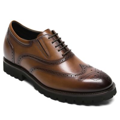 CMR CHAMARIPA Zapatos de vestir con alza para hombre- Zapatos Oxford brogue de cuero marrón con tacón de 8 cm