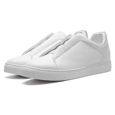 CMR CHAMARIPA Zapatillas con alzas para hombre | Sneakers de cuero blanco sin cordones con triple costura 6 cm