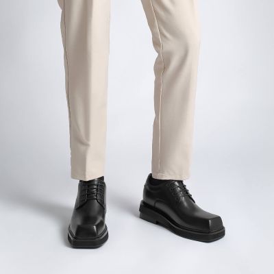 zapatos con alzas hombre - Zapatos de punta cuadrada de cuero negro para hombre 9CM