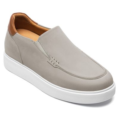 CMR CHAMARIPA Zapatos con alzas para hombre | Mocasines de cuero nubuck gris sin cordones 7 cm