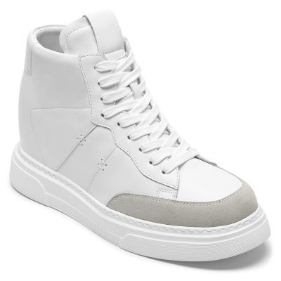 CMR CHAMARIPA Zapatillas con alzas para hombre | Sneakers de caña alta en cuero de vaca suave blanco roto 10 CM