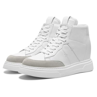 CMR CHAMARIPA Zapatillas con alzas para hombre | Sneakers de caña alta en cuero de vaca suave blanco roto 10 CM