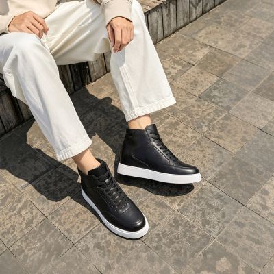 CMR CHAMARIPA Zapatillas con alzas para hombre | Sneakers de caña alta en cuero negro 11 cm