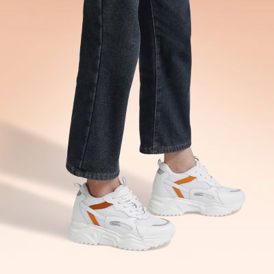 Zapatos Con Alzas Mujer - Deportivas Con Tacon Oculto - Zapatillas De Malla Blancas Con Detalles En Naranja 10 CM