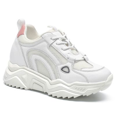 Deportivas Con Alzas - Zapatos Con Alzas Mujer Blancos De Piel De Vaca Y Malla 8 CM