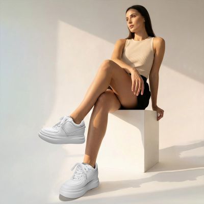 CMR CHAMARIPA Zapatillas con alzas para mujer | Trainers chunky de cuero blanco 8 cm