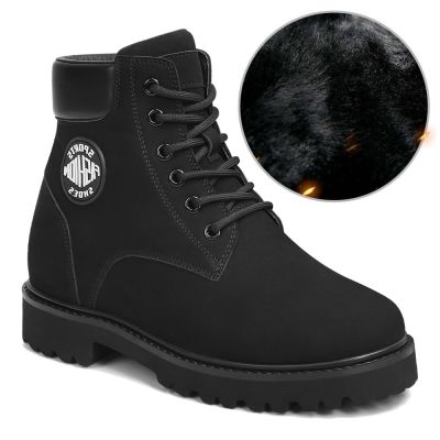 botas de tacón alto para mujer - botas de piel nobuck negras con forro de lana 8CM