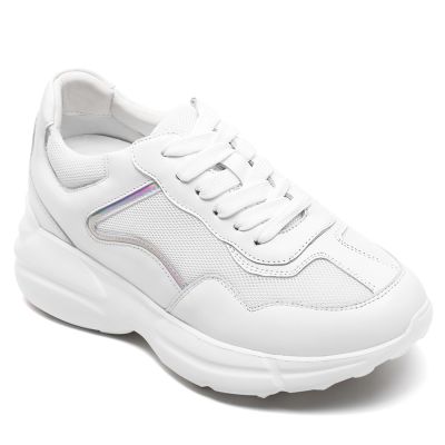 Zapatos Con Alzas Mujer - Deportivas Con Tacon Oculto De Piel De Vacuno Blanca y Malla 8 CM