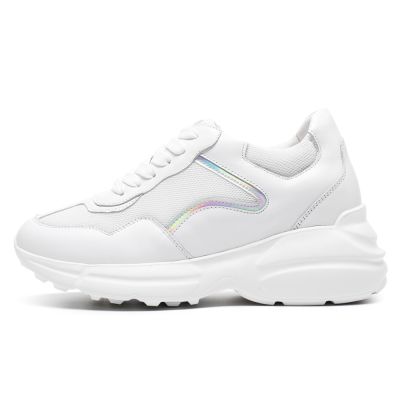 Zapatos Con Alzas Mujer - Deportivas Con Tacon Oculto De Piel De Vacuno Blanca y Malla 8 CM