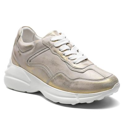 zapatos con alzas mujer - zapatos casuales de piel dorada con tacón alto de 8cm