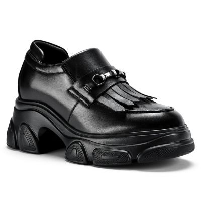 Zapatos con alza para mujer CMR CHAMARIPA - Mocasines negros de cuero suave con borlas, 9 cm / 3,54 pulgadas de altura.