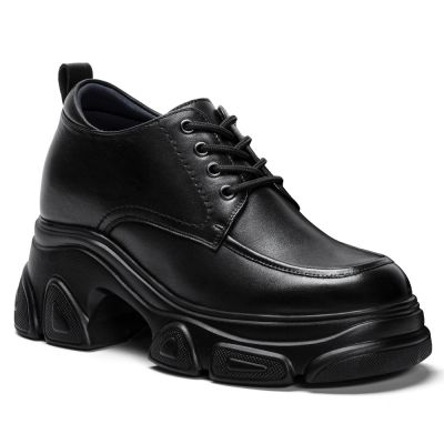 Zapatos de vestir con alza para mujer CMR CHAMARIPA - Zapatos casuales de negocios de cuero suave negro con tacón de 9 cm / 3,54 pulgadas.