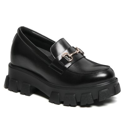 Zapatos con alzas para mujer – Mocasines plataforma de cuero negro 9cm