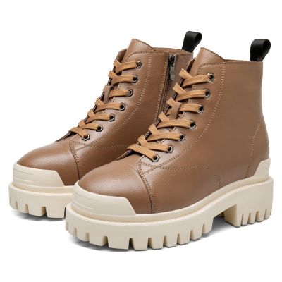 Botas Mujer Tacon Alto - Zapatillas Con Alzas Mujer - Cuero De Vaca Caqui Zapatos Con Alzas 8CM