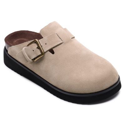 CMR CHAMARIPA Zuecos con alzas para mujer | Mules de ante color albaricoque con hebilla 5 cm