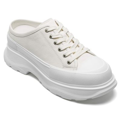 CMR CHAMARIPA Zapatillas con alzas para mujer | Sneakers tipo mule con plataforma de cuero blanco 7 cm